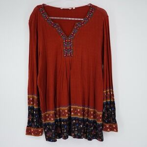 Soft Surroundings Top Womens Large Embroidered Burnt Orange Floral Tunic Boho